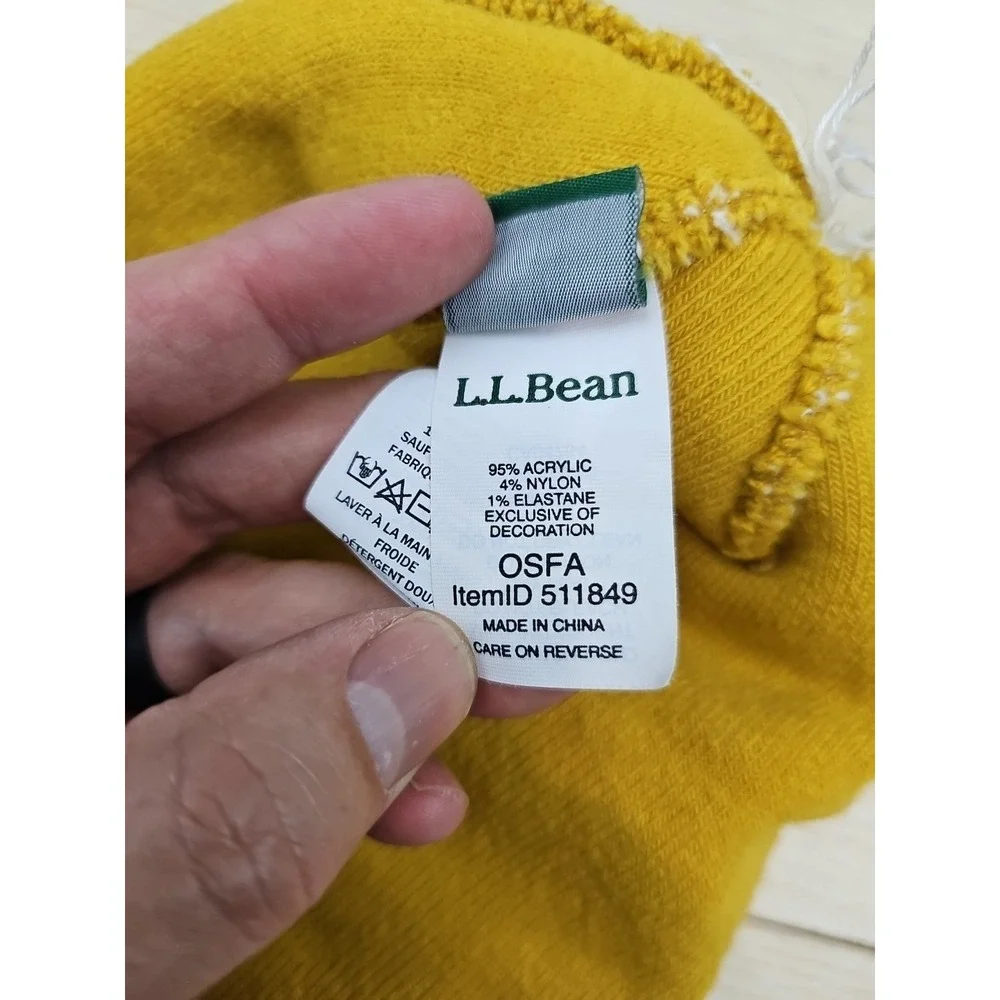 Vtg L.L.Bean Beanie Solid Knit Pompom Mustard Yellow Spell Out ‎ 511849